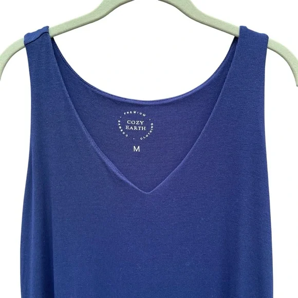 Cozy Earth Bamboo Rib Knit Ultra Soft V-Neck Tank Lounge Nightgown Dress Navy M - Picture 3 of 7